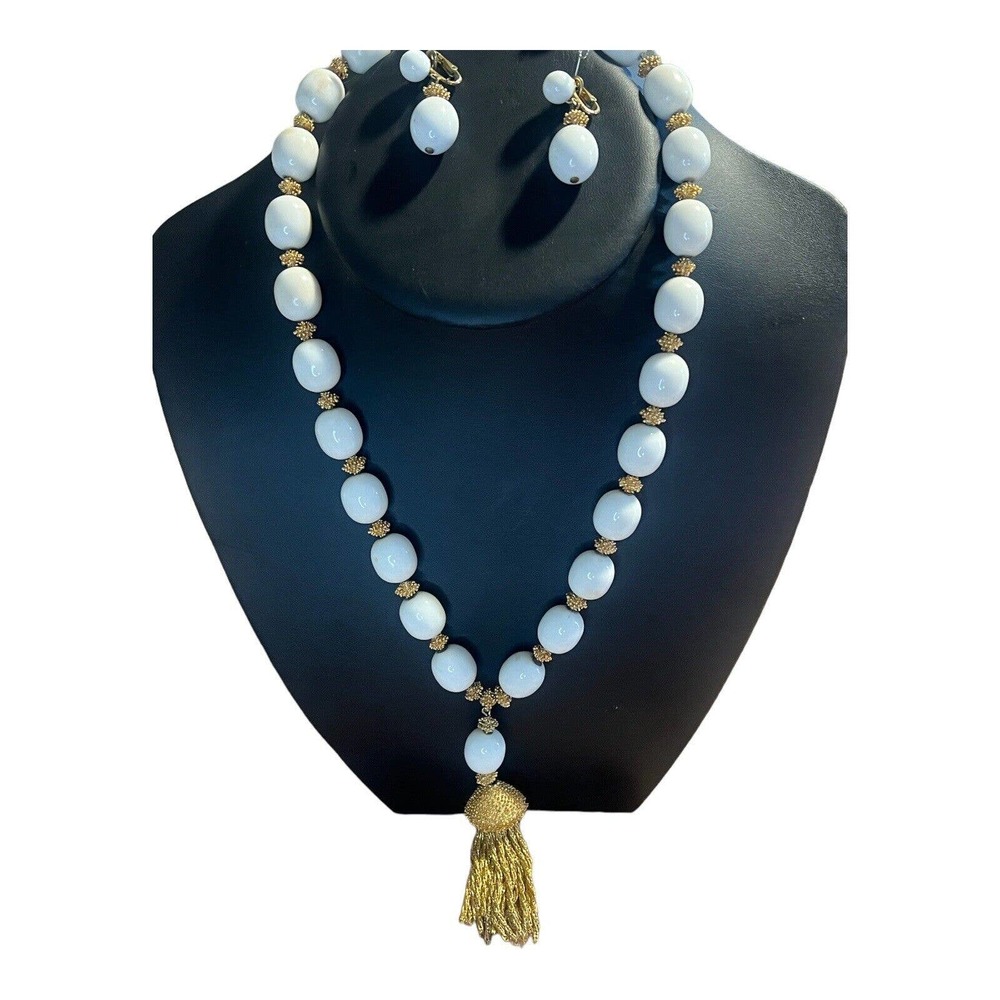 Vintage Signed Crown Trifari Necklace & Earrings Set white beads Gold Tasssel